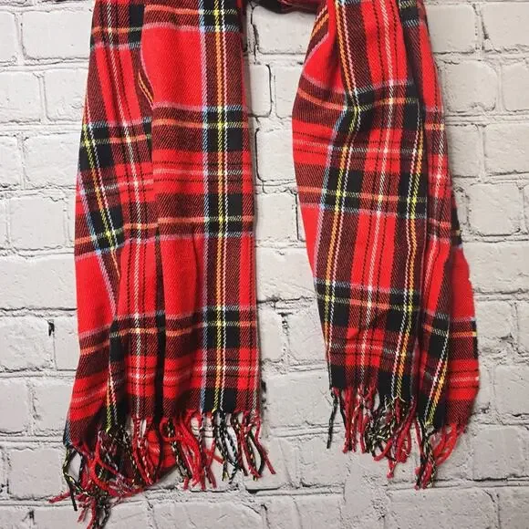 J Crew Classic Plaid Scarf Rubenson Red Fringe Accent Fall Winter Staple - Picture 3 of 7